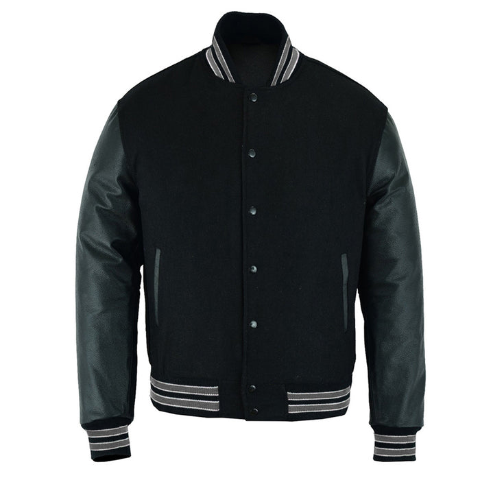 Classic Varsity Bomber jacket Solid Black Wool With Grey Trims