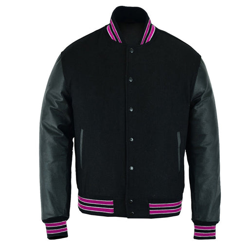 Classic Varsity Bomber jacket Solid Black Wool With Hot pink Trims