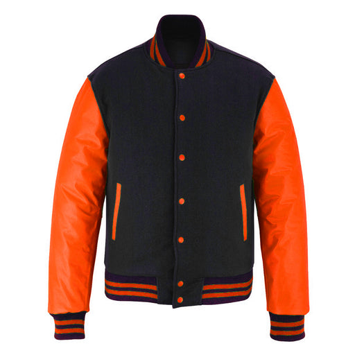 Classic Varsity Bomber jacket Black Wool With Orange Sleeves Jacket