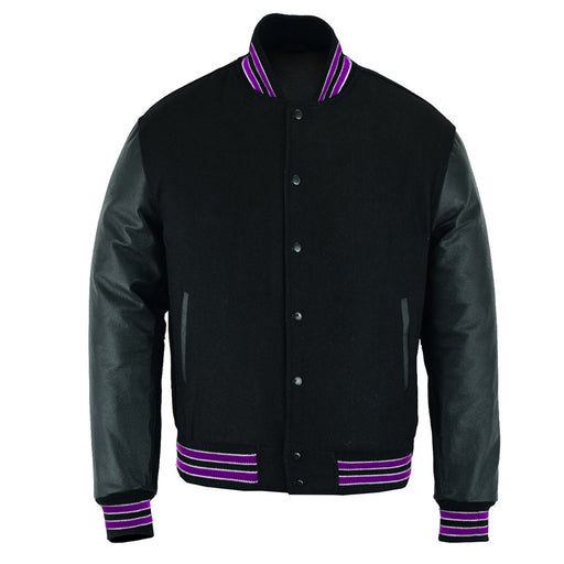 Classic Varsity Bomber jacket Solid Black Wool With Purple Trims