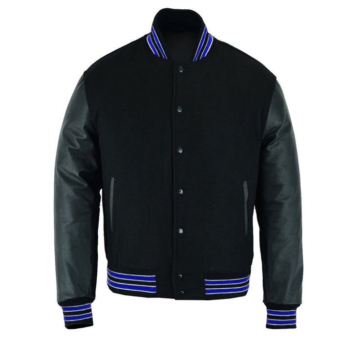 Classic Varsity Bomber jacket Solid Black Wool With Royal Trims