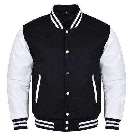 Classic Varsity Bomber jacket Black Wool With White Sleeves Jacket