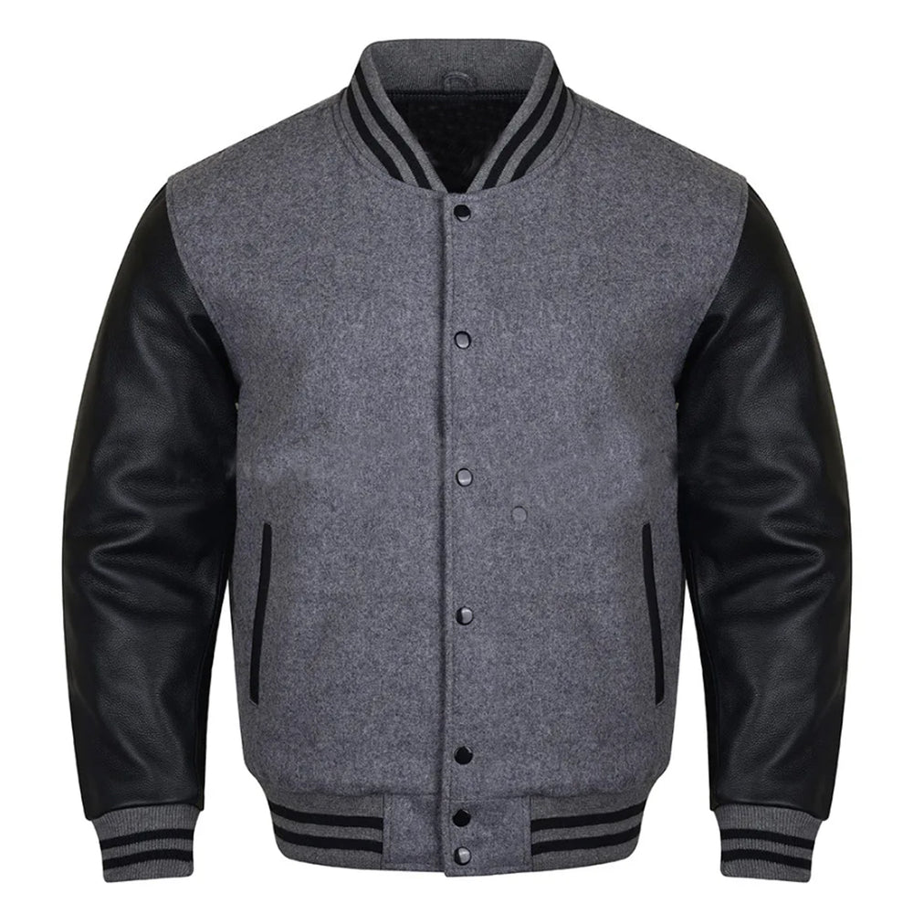 Classic Varsity Bomber jacket Grey Wool With Black Sleeves Jacket