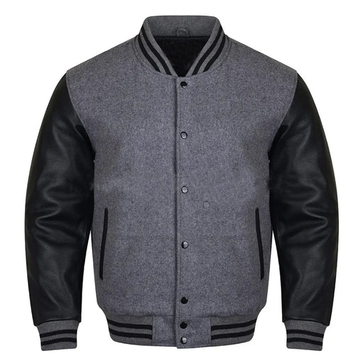 Classic Varsity Bomber jacket Grey Wool With Black Sleeves Jacket