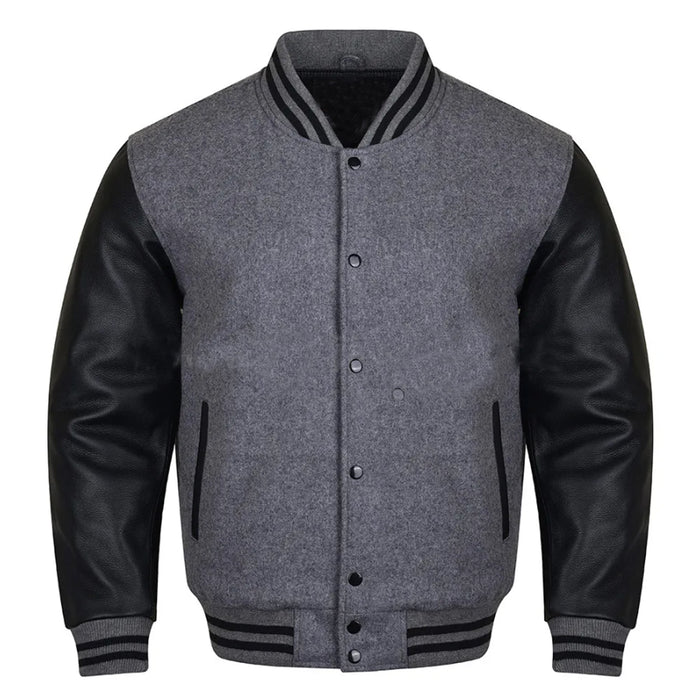 Classic Varsity Bomber jacket Grey Wool With Black Sleeves Jacket