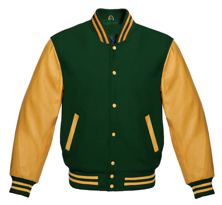 Classic Varsity Bomber jacket Forest Green Wool With Gold Sleeves Jacket