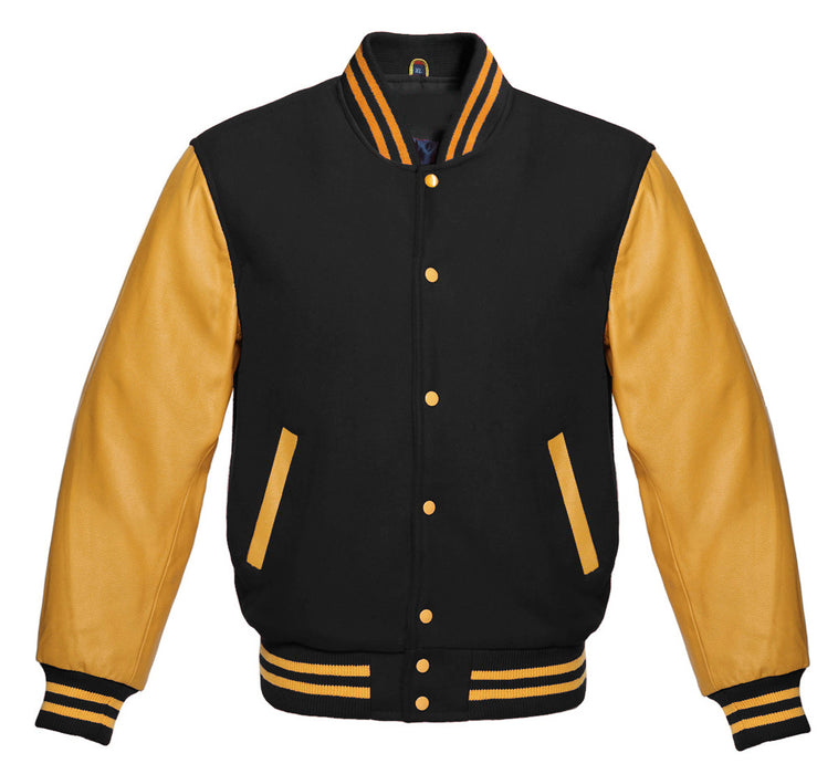 Classic Varsity Bomber jacket Black Wool With Gold Sleeves Jacket