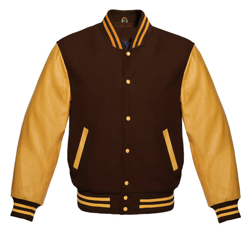 Classic Varsity Bomber jacket Brown Wool With Gold Sleeves Jacket