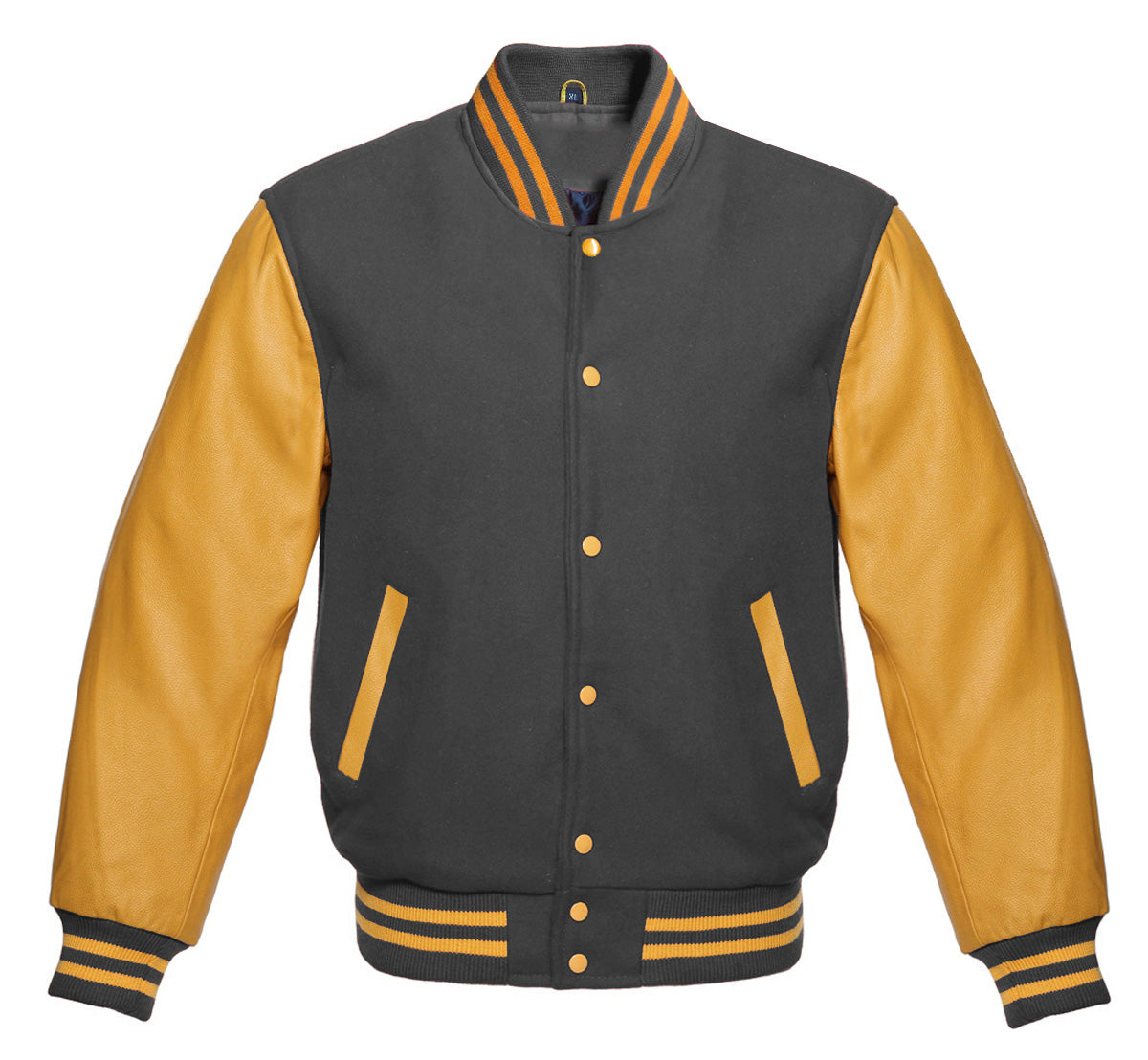 Classic Varsity Bomber jacket Drak Grey Wool With Gold Sleeves Jacket