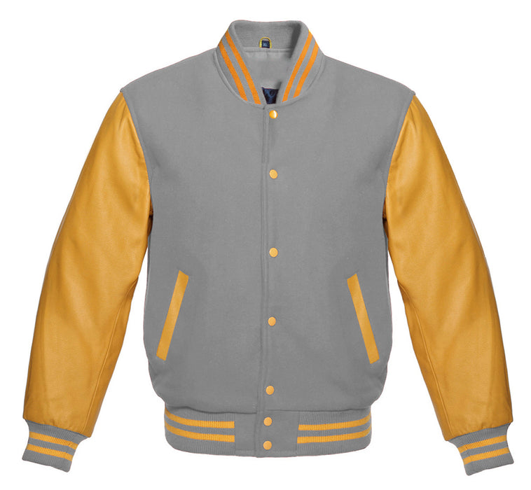 Classic Varsity Bomber jacket Light Grey Wool With Gold Sleeves Jacket