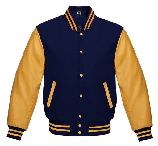 Classic Varsity Bomber jacket Navy Blue Wool With Gold Sleeves Jacket