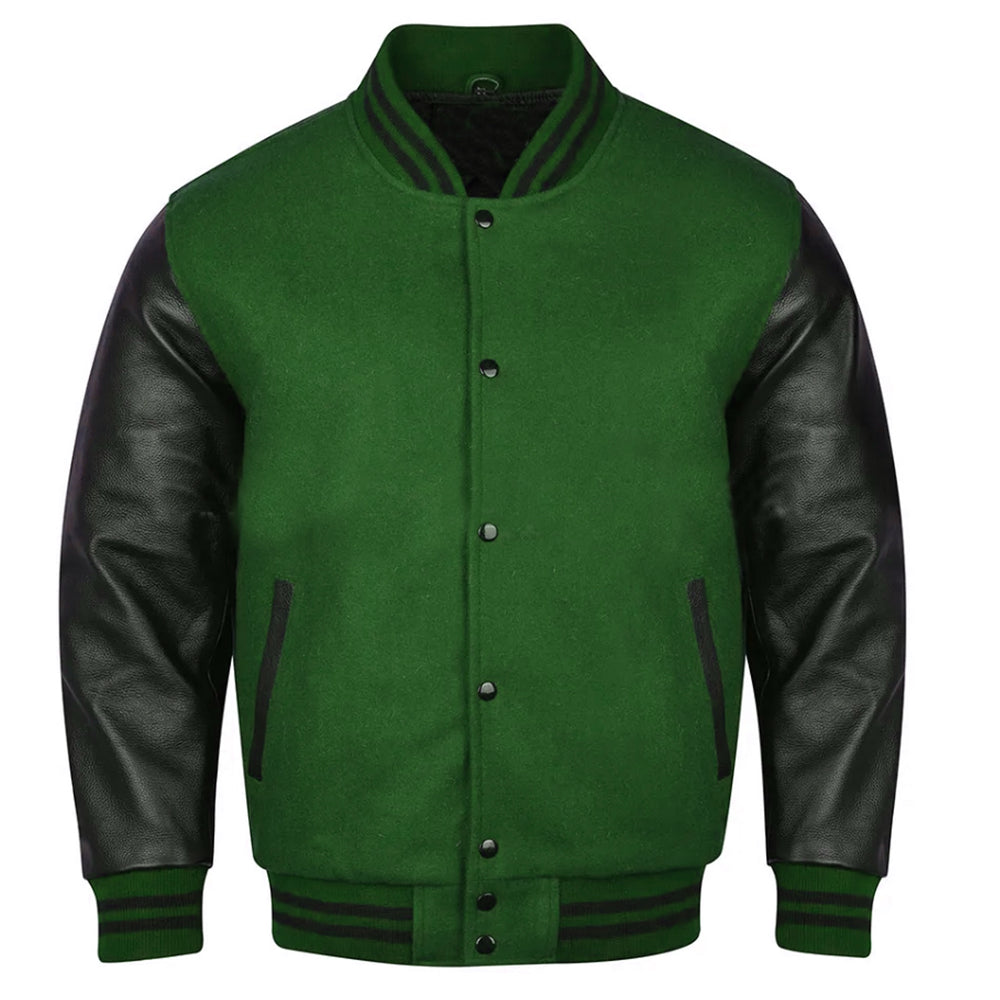 Classic Varsity Bomber jacket Dark Green Wool With Black Sleeves Jacket