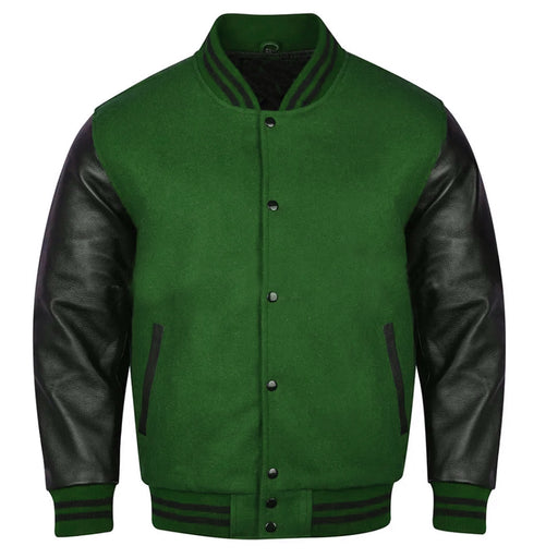 Classic Varsity Bomber jacket Dark Green Wool With Black Sleeves Jacket