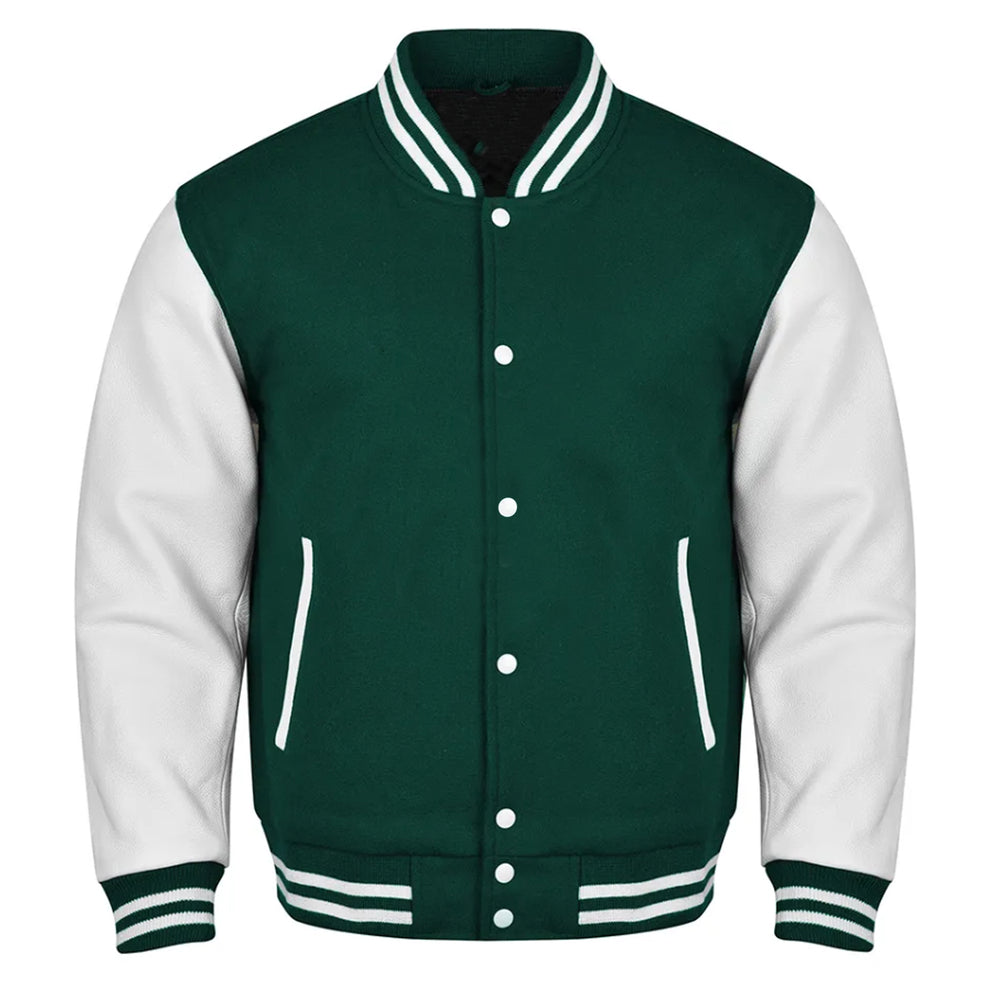 Classic Varsity Bomber jacket Green Wool With White Sleeves Jacket