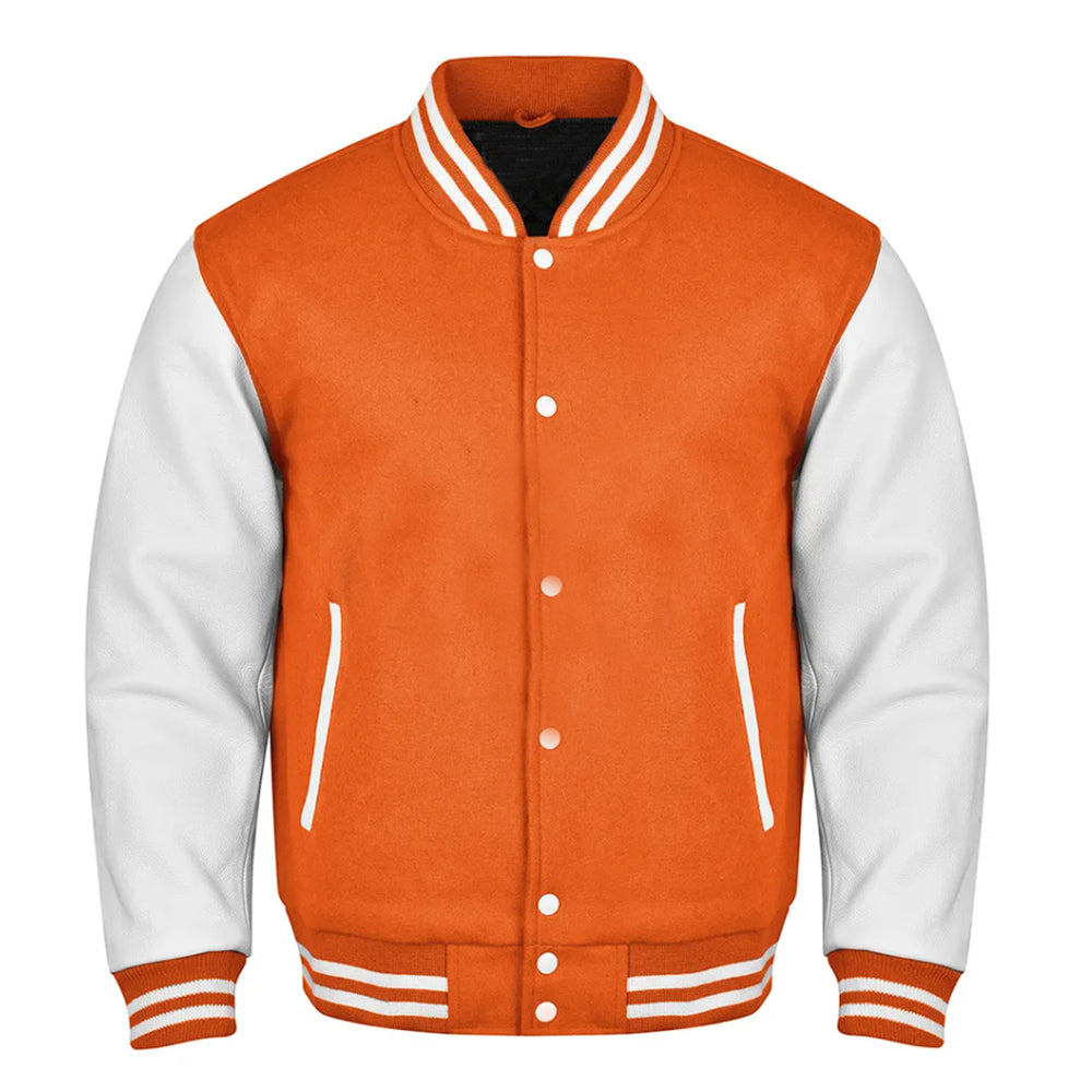 Classic Varsity Bomber jacket Orange Wool With White Sleeves Jacket