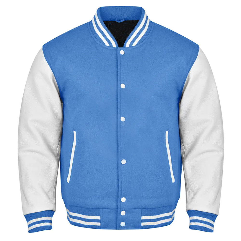 Classic Varsity Bomber jacket Sky Blue Wool With White Sleeves Jacket