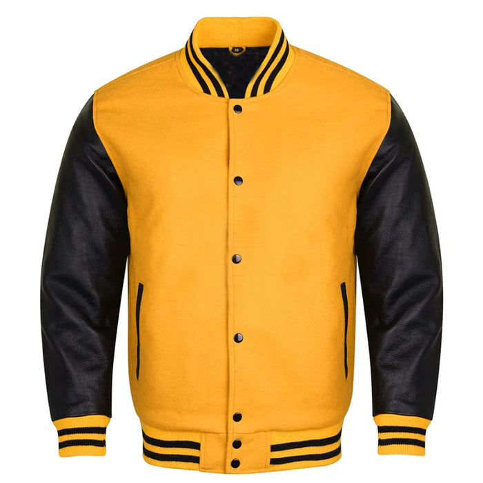 Classic Varsity Bomber jacket Yellow Wool With Black Sleeves Jacket