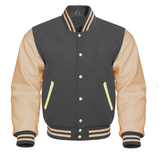 Classic Varsity Bomber jacket Dark Grey Wool With Cream Sleeves Jacket