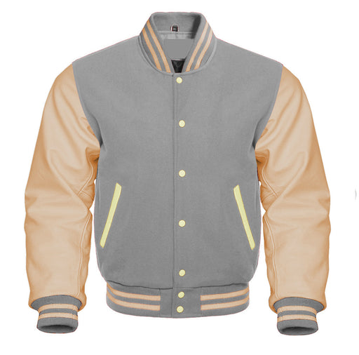 Classic Varsity Bomber jacket Light Grey Wool With Cream Sleeves Jacket