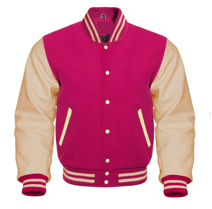 Classic Varsity Bomber jacket Hot Pink Wool With Cream Sleeves Jacket