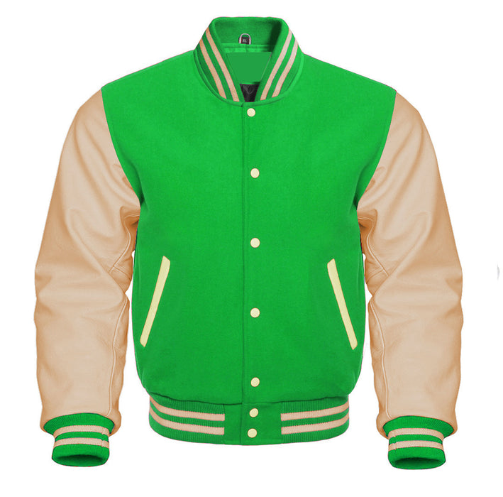 Classic Varsity Bomber jacket Kelly Green Wool With Cream Sleeves Jacket