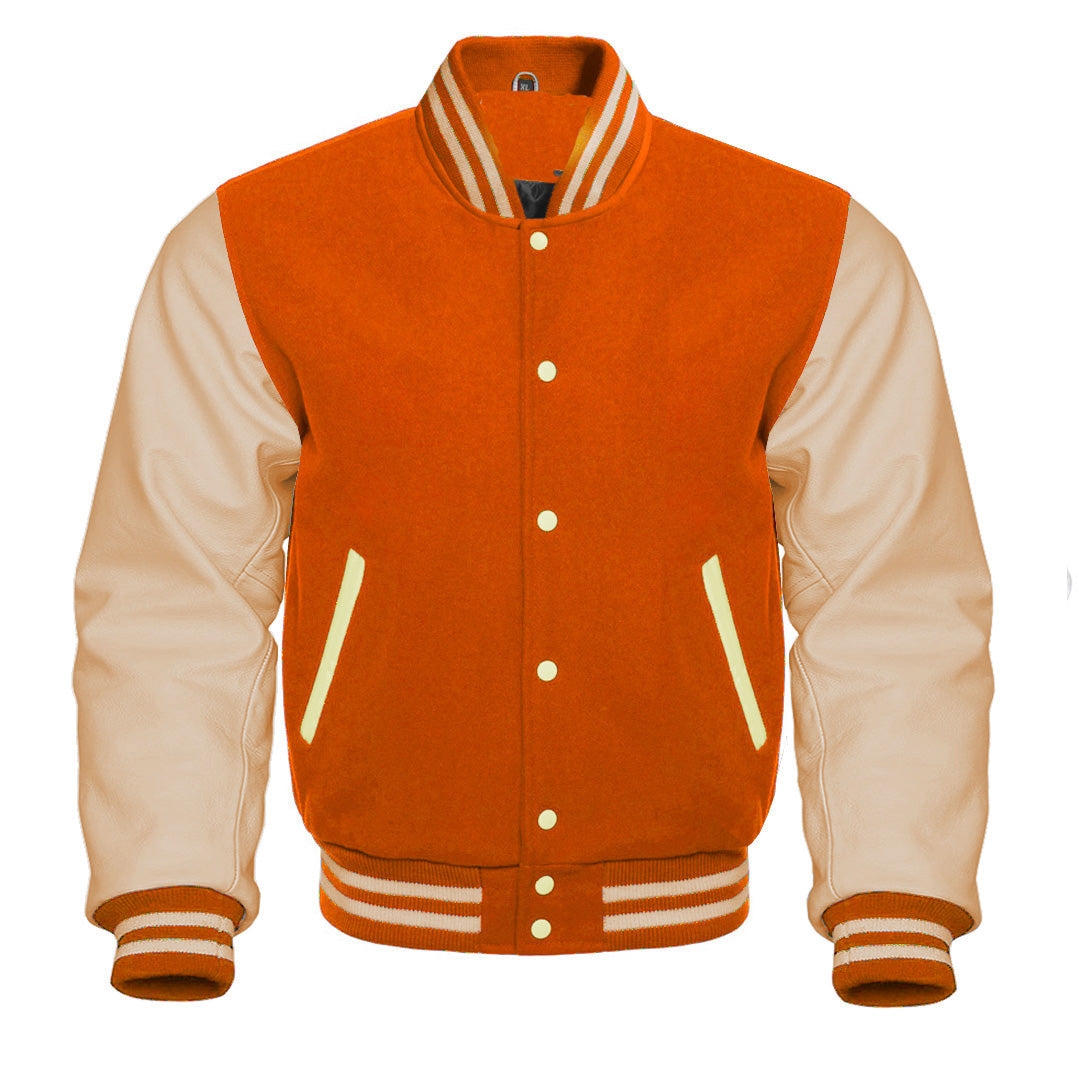 Classic Varsity Bomber jacket Orange Wool With Cream Sleeves Jacket