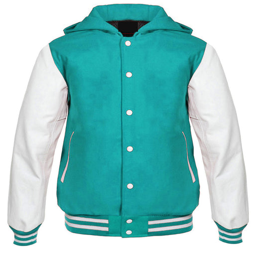 Hooded Varsity Jackets Tiffany/White